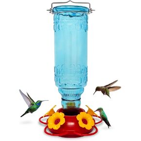 Superior Effect Hummingbird Feeder for Outdoors Patio Wild Bird Feeder with 5 Feeding Ports for Birds Antique Glass Feeder Garden Backyard Decorative, Blue Color Easy Setup Bird Feeder