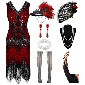 1920s Dresses for Women, Flapper Dress Lace Fan Fether Headband Sequins Beads Fringes 20s Accessories Vintage Mafia Costume
