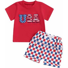 Madjtlqy Baby Boy 4th of July Outfit USA Letter Print Short Sleeve T-Shirt Stripe Star Shorts Set Patriotic Summer Clothes