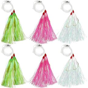 Bucktail Teaser Rigs,3/6pcs Fluke Flounder Rigs Hand Tied Sea Bass Hi Lo Rig Fishing Bait Rigs Saltwater Multicolor Mylar Bucktail Teasers Hook for Surf Ocean Fishing