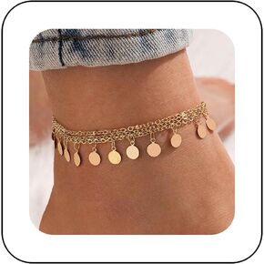 Erimberate Bohemian Layered Coin Dangle Ankle Bracelet Gold Disc Ankle Chain Bracelet Layered Circle Disc Beach Anklet Chain Small Coin Foot Chain Anklet Summer Beach Foot Chain Jewelry for Women