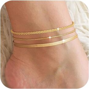 CHESKY Gold Ankle Bracelets for Women, 14k Gold Plated Anklet Bracelet Set Layered Herringbone Box Paperclip Figaro Cuban Link Anklets for Women, Waterproof Summer Gold Jewelry Set for Women