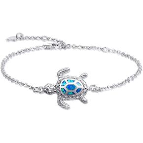 Blue Opal Sea Turtle Anklet Bracelet for Women Teen Girls 925 Sterling Silver White Gold Plated Adjustable Beach Ankle Chain Foot Chain Large Bracelet Womens Ocean Animal Jewelry Gift