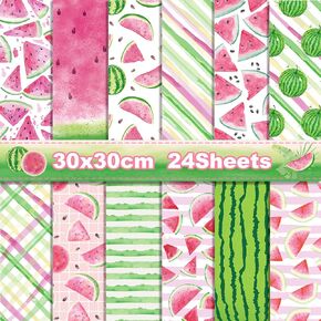 24 Sheets Watermelon Scrapbook Paper, 12 Designs Watermelon Craft Paper Double-Sided Papermania Folded Flat for Summer Card Making Scrapbook Photo Album Decor, 12x12''