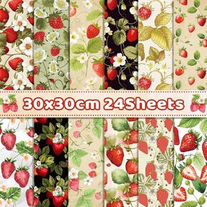 24 Sheets Strawberry Pattern Paper 12" x 12" Double-Sided Strawberry Scrapbook Decorative Craft Paper Vintage Fruit Floral Green Leaves for Card Making Junk Journal Photo Album Background