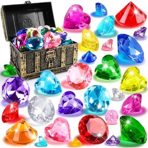 Vellibring Diving Gems Pool Toys 32 Colorful Diamond with Treasure Chest Pirate Box Summer Underwater Gem Swimming Training Gift Diving Toys