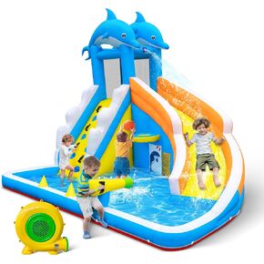 TOAOB Inflatable Water Slide: 5 in 1 Bounce House Water Park for Kids - Climbing Wall Splash Pool Water Cannon Basketball Rim - 480W Blower - Wet & Dry Indoor Outdoor Backyard Birthday Party Gift