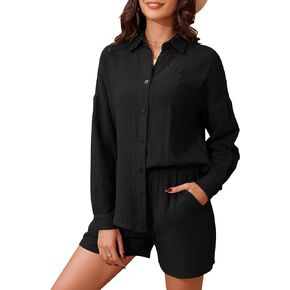 Flygo Womens Cotton 2 Piece Outfits Lounge Sets Oversized Button Down Shirts Shorts Pajama Set Tracksuit Vacation Outfits
