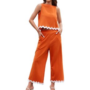 Moreone Women's Summer 2 Piece Outfits Sleeveless Crop Tank Top Button Back Capri Wide Leg Pants Lounge Matching Sets