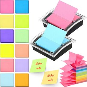 12 Pad Pop up Sticky Notes with 2 Pack Pop up Note Dispenser Post Note Holder Black Base Clear Top Self Stick Memo Pads Blank Adhesive Notes 3x3 Refills, 100 Sheet/pad (Assorted Colors)