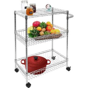 Mount-It! Mesh Wire Rolling Cart | 3-Tier Multi-Function Metal Trolley for Kitchen Storage and Organization | Heavy-Duty Storage Cart with Wheels and Handle | Silver