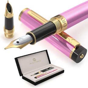 Dryden Designs Fountain Pen - Medium and Fine Nibs | Includes Luxury Box, Ink Cartridges - 3 Black 3 Blue and Ink Refill Converter - Royal Red