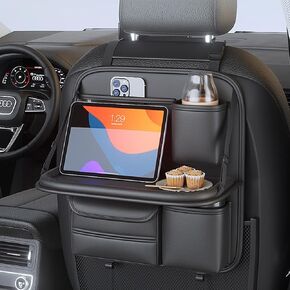 Car Backseat Organizer with Foldable Table Tray,Car Seat Back Protector with Touch Screen Phone Holder,Premium PU Leather Material,Compatible with Most Vehicles,Inner Car Accessories