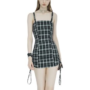 Kisidoo Women's Trendy Plaid Dress Adjustable Straps Drawstring Hem Suspender Bodycon Mini Overall Slip Dress