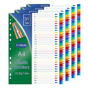 4Pcs Binder Dividers A4, 1-31 Part Subject File Divider Plastic Index, Multiple Colours 31 Folder Tabs Assorted for Office, School