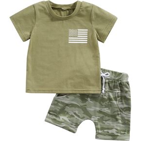 4th of July Baby Boy Outfit Toddler Boys Summer 2PCS Sets American Flag Print Tops Elastic Casual Shorts Set