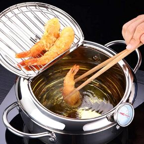 Deep Fryer Pot, Stainless Steel Frying Chicken Pot Japanese Style Frying Pot Tempura Deep Fryer Pot Tempura Pot Small Deep Fryer With A Thermometer & Oil Draining Rack, Diameter 20cm/8in