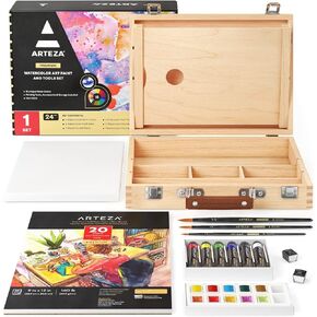 Arteza Watercolor Paint Kit, 24 Pieces, 18 Vibrant Watercolors, 3 Watercolor Brushes, Watercolor Paper Pad and Canvas, and Wooden Storage Case, Art Supplies for Painters