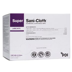 Super Sani-Cloth Germicidal Dispoable Wipe - Fast 2-Minute Contact Time, Great for High-Touch Surfaces and Devices - Large Individual Packet, 5 in. x 8 in., 50 Wipes, 1 Pack