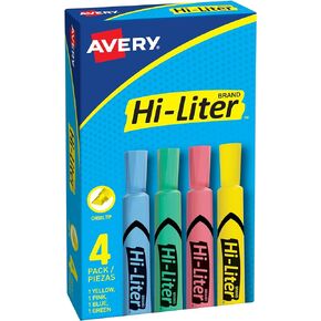 AVERY Hi-Liter Desk-Style Highlighters, Smear Safe Ink, Chisel Tip, 4 Assorted Color Highlighters (17752)