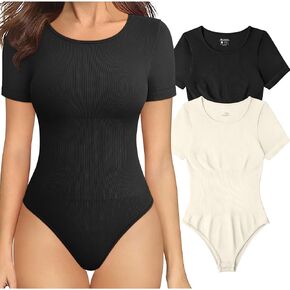 OQQ Women's 2 Piece Bodysuits Sexy Ribbed One Piece Short Sleeve Tops Bodysuits