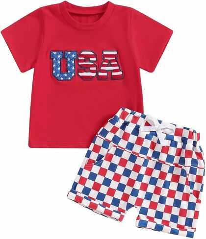 Madjtlqy Baby Boy 4th of July Outfit USA Letter Print Short Sleeve T-Shirt Stripe Star Shorts Set Patriotic Summer Clothes in Saudi Arabia