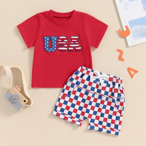 Madjtlqy Baby Boy 4th of July Outfit USA Letter Print Short Sleeve T-Shirt Stripe Star Shorts Set Patriotic Summer Clothes in Saudi Arabia