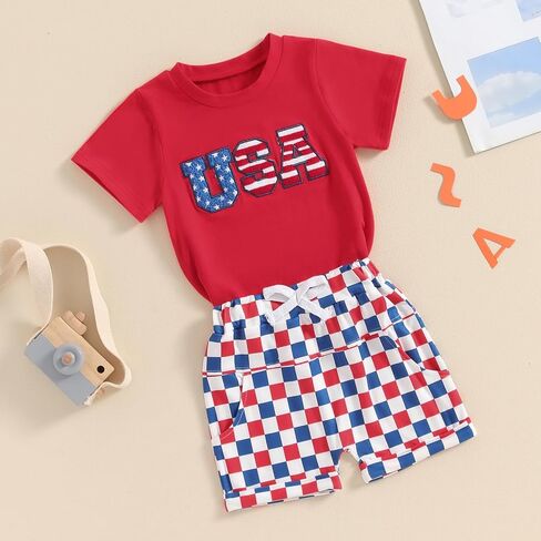 Madjtlqy Baby Boy 4th of July Outfit USA Letter Print Short Sleeve T-Shirt Stripe Star Shorts Set Patriotic Summer Clothes in Saudi Arabia