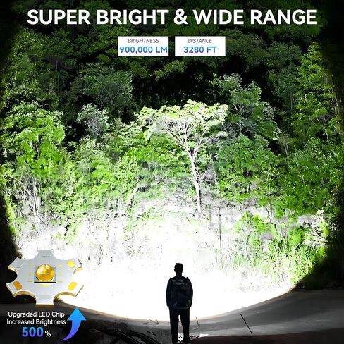 مصابيح يدوية قابلة لإعادة الشحن، ضوء فلاش عالي اللومن، 900,000 لومن مصباح يدوي LED فائق السطوع، مصابيح USB عالية الطاقة، مصباح يدوي محمول مقاوم للماء للتخييم المنزلي in Kuwait