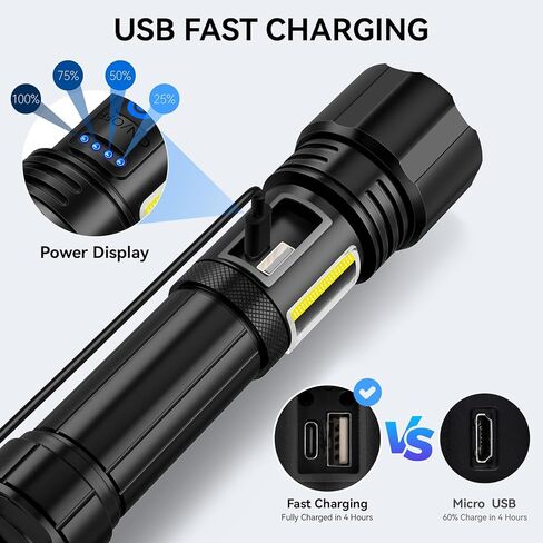 مصابيح يدوية قابلة لإعادة الشحن، ضوء فلاش عالي اللومن، 900,000 لومن مصباح يدوي LED فائق السطوع، مصابيح USB عالية الطاقة، مصباح يدوي محمول مقاوم للماء للتخييم المنزلي in Kuwait