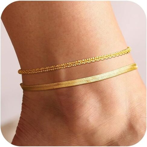 CHESKY Gold Ankle Bracelets for Women, 14k Gold Plated Anklet Bracelet Set Layered Herringbone Box Paperclip Figaro Cuban Link Anklets for Women, Waterproof Summer Gold Jewelry Set for Women in Saudi Arabia