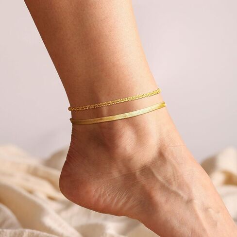 CHESKY Gold Ankle Bracelets for Women, 14k Gold Plated Anklet Bracelet Set Layered Herringbone Box Paperclip Figaro Cuban Link Anklets for Women, Waterproof Summer Gold Jewelry Set for Women in Saudi Arabia