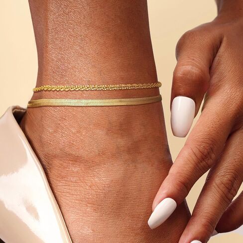 CHESKY Gold Ankle Bracelets for Women, 14k Gold Plated Anklet Bracelet Set Layered Herringbone Box Paperclip Figaro Cuban Link Anklets for Women, Waterproof Summer Gold Jewelry Set for Women in Saudi Arabia
