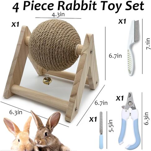 4 Pack Rabbit Scratch Toy Kit Natural Wood Sisal Bunny Scratching Activity Ball with Bell Claw Scratcher for Indoor Bunnies Ferrets Chinchillas Kittens Small Animals (Large) in Saudi Arabia