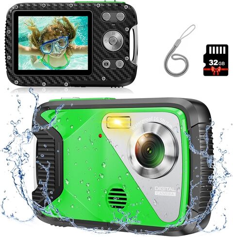 كاميرا رقمية مقاومة للماء 17FT كاميرا تحت الماء HD 2.7K 48MP 2.8 بوصة LCD للأطفال مع بطاقة 32G وبطارية قابلة لإعادة الشحن، كاميرا توجيه واطلاق النار للسباحة والسفر والغطس والعطلات in Kuwait