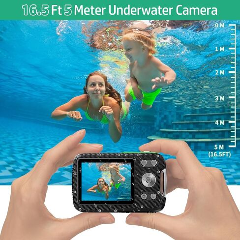 كاميرا رقمية مقاومة للماء 17FT كاميرا تحت الماء HD 2.7K 48MP 2.8 بوصة LCD للأطفال مع بطاقة 32G وبطارية قابلة لإعادة الشحن، كاميرا توجيه واطلاق النار للسباحة والسفر والغطس والعطلات in Kuwait