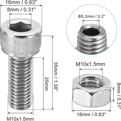 PATIKIL M8x16mm 304 Stainless Steel Hollow Bolt, 4 Set Cylindrical Hexagon Socket Screw Nut Kit Lamp Threading Screws Through Hole Fasteners in Kuwait