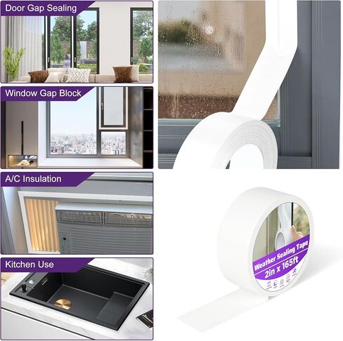 شريط عزل الطقس للنافذة أبيض، 2 بوصة × 165 قدم شريط عازل للطقس لمنع المطر والغبار البارد. مانع تسرب إطار النافذة، لا يترك بقايا، ذاتي اللصق in Kuwait