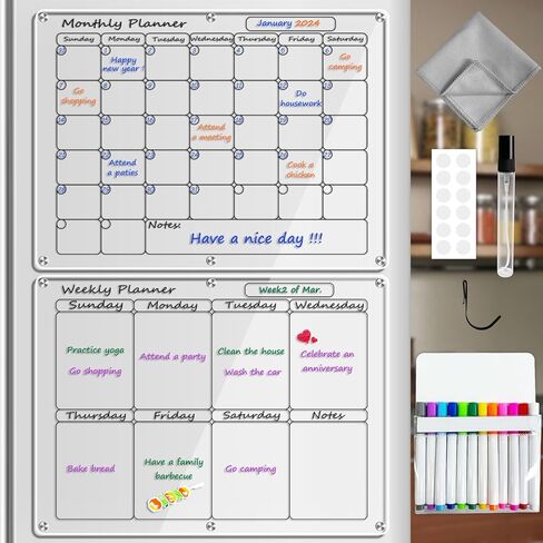 Artcome أكريليك تقويم الثلاجة المغناطيسي ومجموعة اللوحة الأسبوعية - 16 بوصة × 12 بوصة تقويم الثلاجة المغناطيسي لوحات المسح الجاف للثلاجة (أسود) in Kuwait