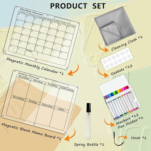 Artcome أكريليك تقويم الثلاجة المغناطيسي ومجموعة اللوحة الأسبوعية - 16 بوصة × 12 بوصة تقويم الثلاجة المغناطيسي لوحات المسح الجاف للثلاجة (أسود) in Kuwait