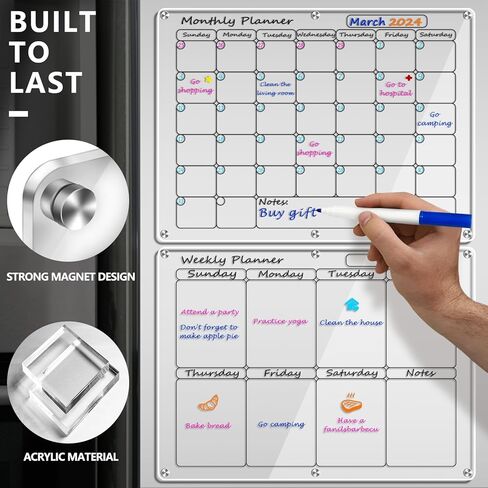 Artcome أكريليك تقويم الثلاجة المغناطيسي ومجموعة اللوحة الأسبوعية - 16 بوصة × 12 بوصة تقويم الثلاجة المغناطيسي لوحات المسح الجاف للثلاجة (أسود) in Kuwait