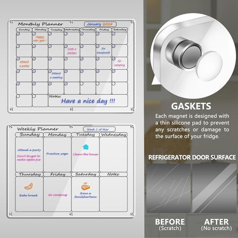 Artcome أكريليك تقويم الثلاجة المغناطيسي ومجموعة اللوحة الأسبوعية - 16 بوصة × 12 بوصة تقويم الثلاجة المغناطيسي لوحات المسح الجاف للثلاجة (أسود) in Kuwait