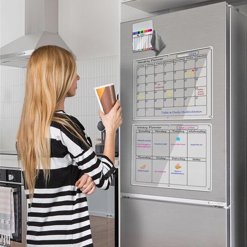 Artcome أكريليك تقويم الثلاجة المغناطيسي ومجموعة اللوحة الأسبوعية - 16 بوصة × 12 بوصة تقويم الثلاجة المغناطيسي لوحات المسح الجاف للثلاجة (أسود) in Kuwait