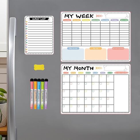 Fridge Calendar Magnetic Dry Erase Calendar Set(9 Pcs), 17"x12"Dry Erase Calendar for Wall, Includes 2 Pcs Monthly and Weekly Dry Erase Board, 6 markers and 1 blackboard eraser in Saudi Arabia