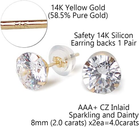 14k real solid Yellow Gold white cz Stud chunky Earrings for women Cubic Zirconia with 14k gold silicone earring flat backs in Saudi Arabia