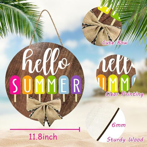 adurself مرحبا الصيف باب علامة 12 ''الصيف ترحيب ريفي خشبية معلقة علامة مع القوس جولة الصيف الآيس كريم الشرفة علامة ديكور للمنزل الباب الأمامي داخلي ديكورات الحديقة في الهواء الطلق مع حبل in Kuwait