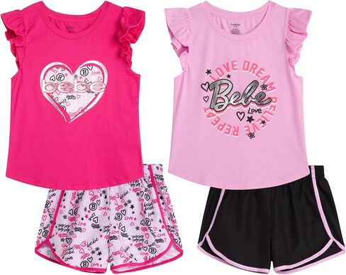 bebe Girls' Active Short Set - 4 Piece Fashion Tank Top and Woven Dolphin Gym Shorts - Cute Summer Outfit for Girls (7-12) in Saudi Arabia