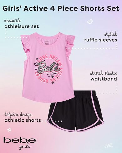 bebe Girls' Active Short Set - 4 Piece Fashion Tank Top and Woven Dolphin Gym Shorts - Cute Summer Outfit for Girls (7-12) in Saudi Arabia