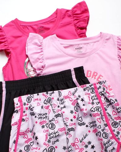 bebe Girls' Active Short Set - 4 Piece Fashion Tank Top and Woven Dolphin Gym Shorts - Cute Summer Outfit for Girls (7-12) in Saudi Arabia
