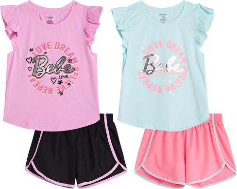 bebe Girls' Active Short Set - 4 Piece Fashion Tank Top and Woven Dolphin Gym Shorts - Cute Summer Outfit for Girls (7-12) in Saudi Arabia